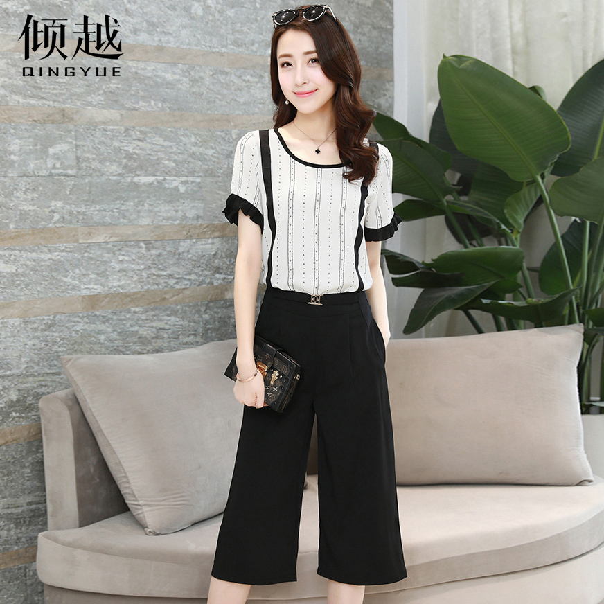 傾越2017夏季新款女裝氣質七分闊腿褲套裝小香風時尚休閑兩件套潮