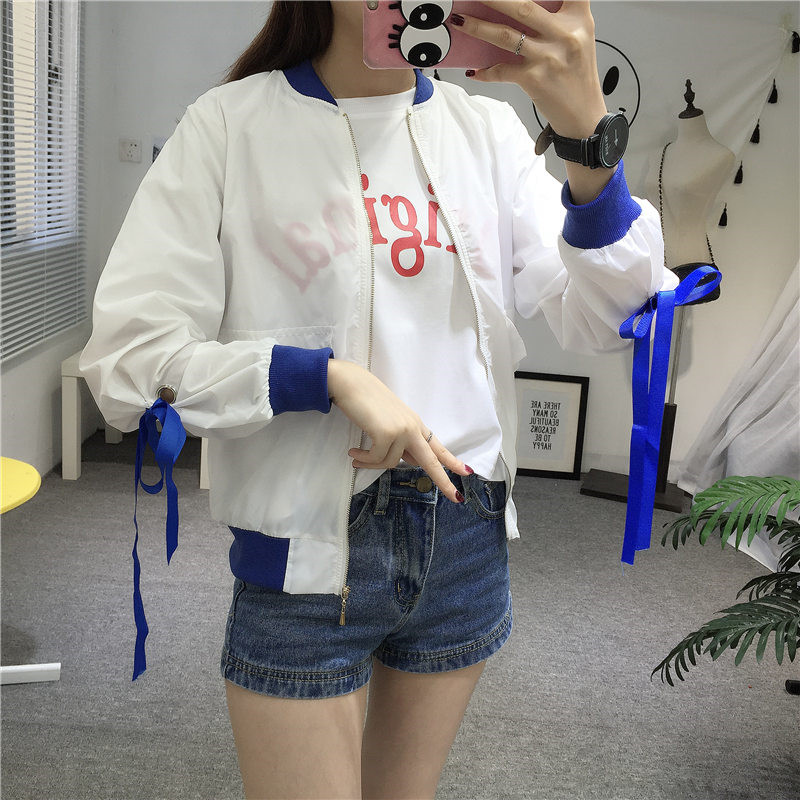 原宿風bf潮學生男女情侶裝防曬服防曬衣連帽字母織帶飄帶短外套夏