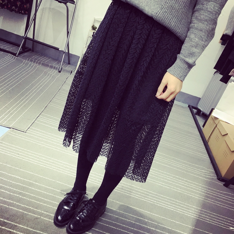 美亦隨興2017春夏季韓版百搭甜美打底裙鏤空蕾絲半身裙打底長裙