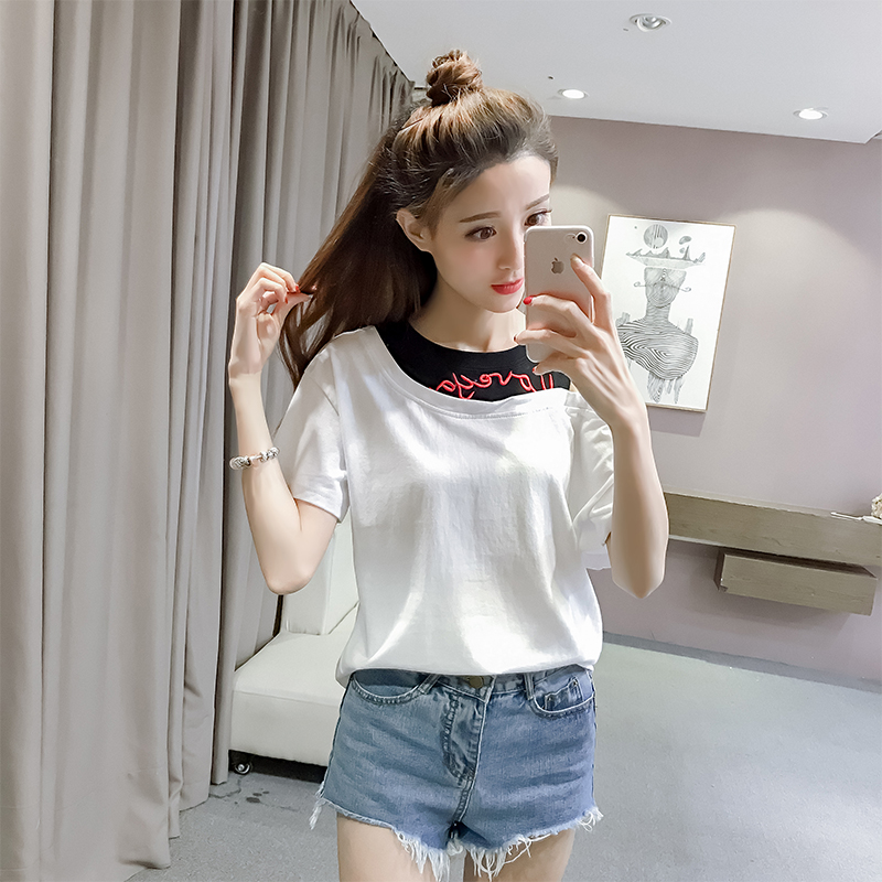 夏裝新款韓范字母刺繡露肩假兩件短袖T恤寬松中袖上衣學生打底衫