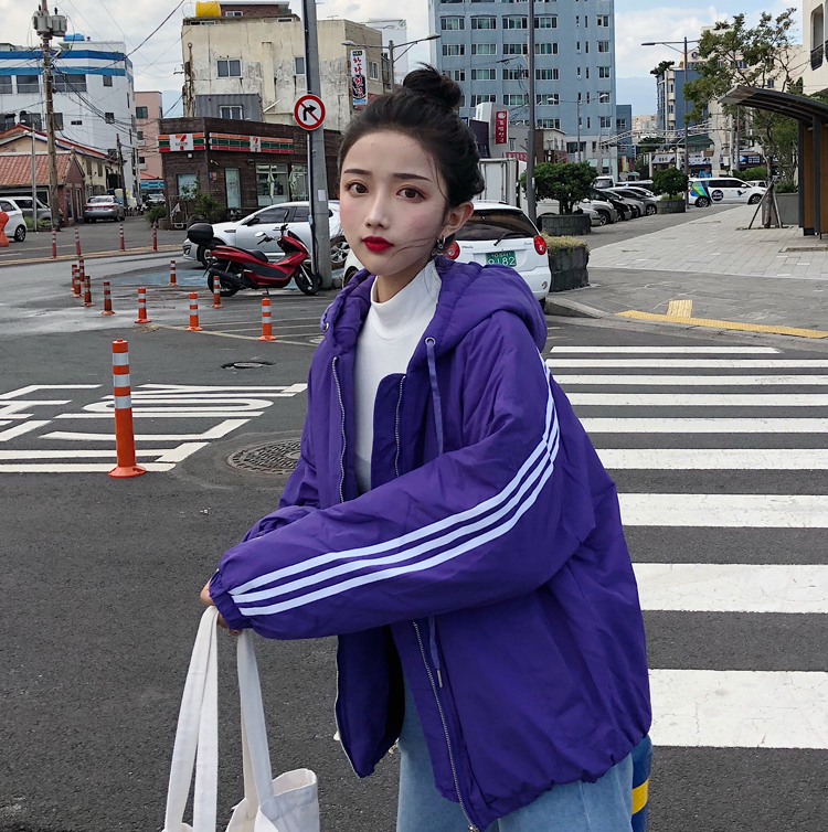 秋冬新款韓版寬松學生條紋休閑連帽ins面包棉服加厚棉衣外套女潮