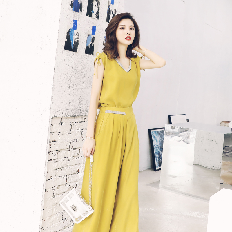 S秀2018夏季新款女裝時尚女神范休閑修身氣質純色闊腿褲套裝潮