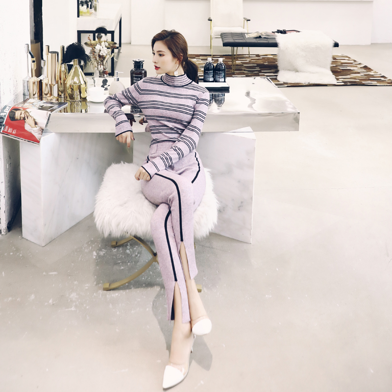 秋季女套裝2018新款時尚長袖chic針織上衣毛衣休閑開叉小腳褲兩件
