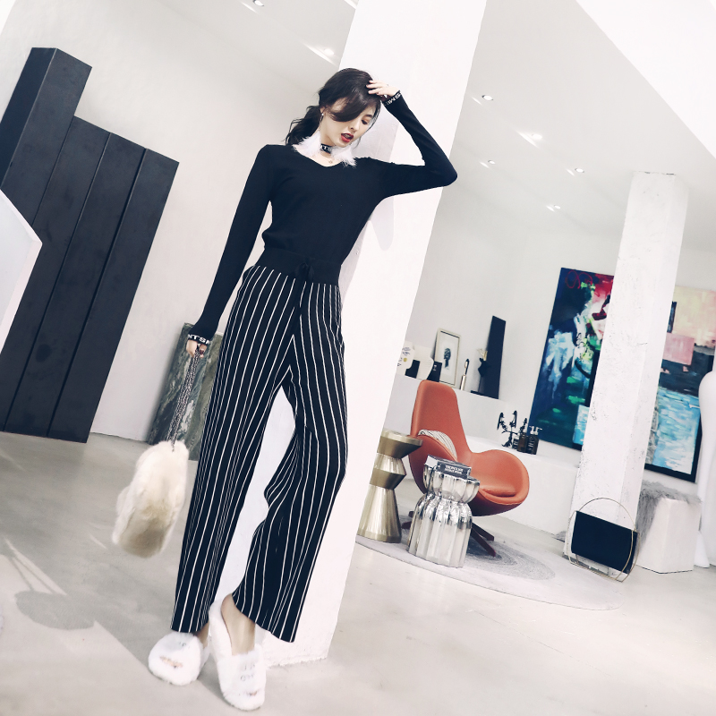 名媛氣質秋季女裝2018新款針織上衣長褲闊腿褲條紋褲子時尚兩件套