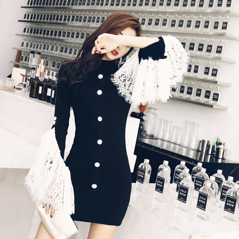 裙子打底衫女中長款韓版蕾絲拼接顯瘦長袖上衣半高領針織連衣裙潮