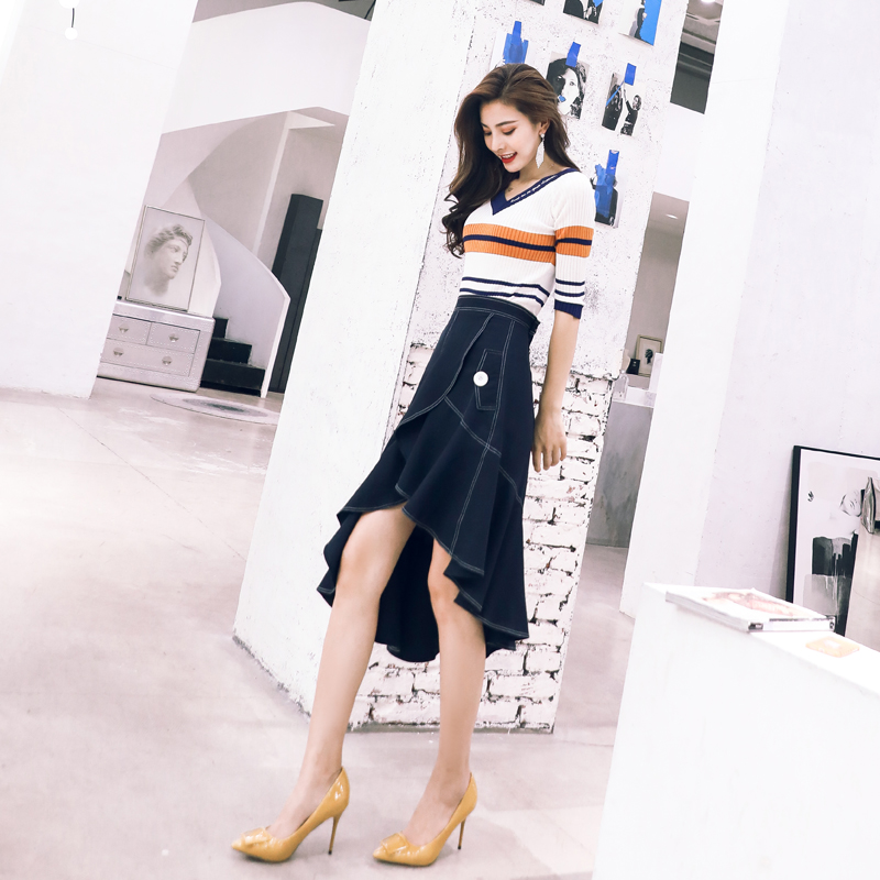 2018初秋新款時尚女神套裝針織衫上衣荷葉邊不規則半身裙兩件套潮