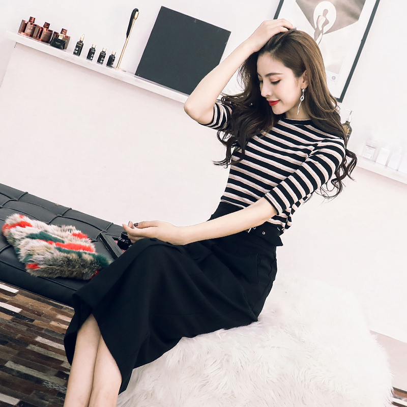 名媛氣質秋裝女2018新款時尚套裝針織上衣高腰半身裙修身兩件套潮