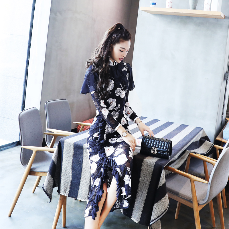 名媛氣質2018春季新品淑女顯瘦改良旗袍中長款深藍蕾絲連衣裙個性