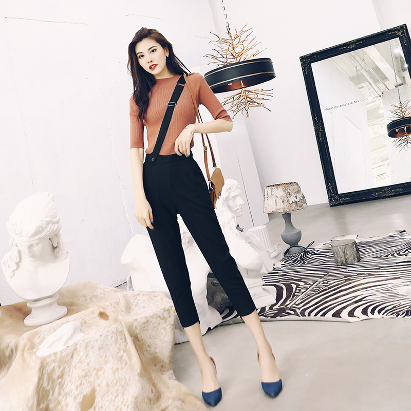 2018夏季新款修身顯瘦氣質針織衫毛衣七分小腳褲背帶褲秋季套裝潮