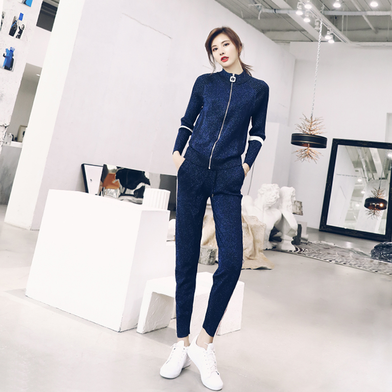 歐洲站2018秋季新款網紅時髦長袖開衫小腳褲子休閑兩件套針織套裝