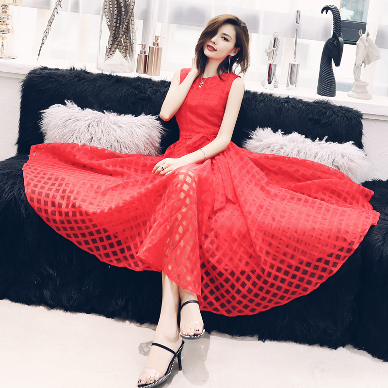 夏季連衣裙女2018新款氣質修身公主裙紅色高腰蓬蓬蝴蝶結大擺裙子