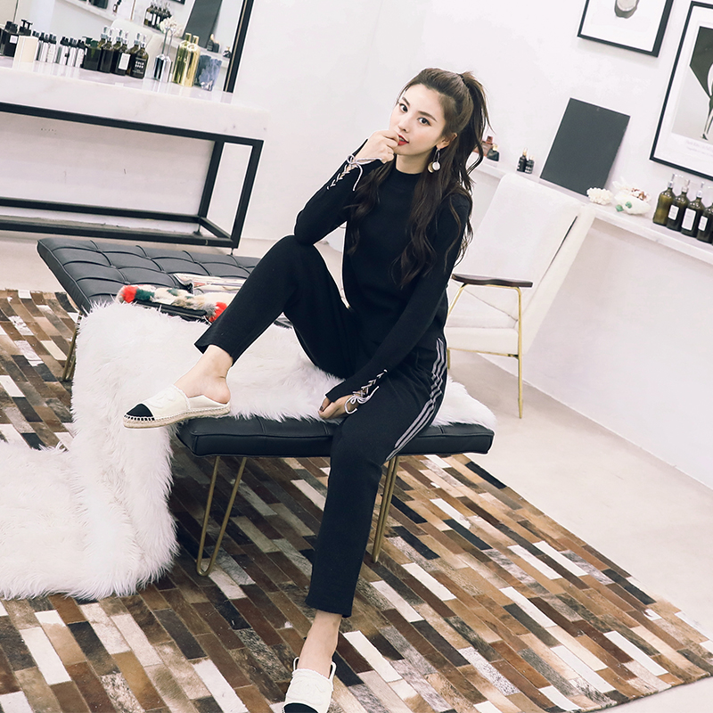 歐洲站初秋針織套裝女2018新款黑色衛衣針織衫毛衣休閑長褲兩件套