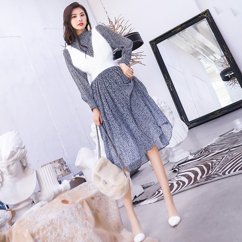 2018秋季新款韓版網紅印花連衣裙毛衣馬甲套裝女神范洋氣兩件套潮