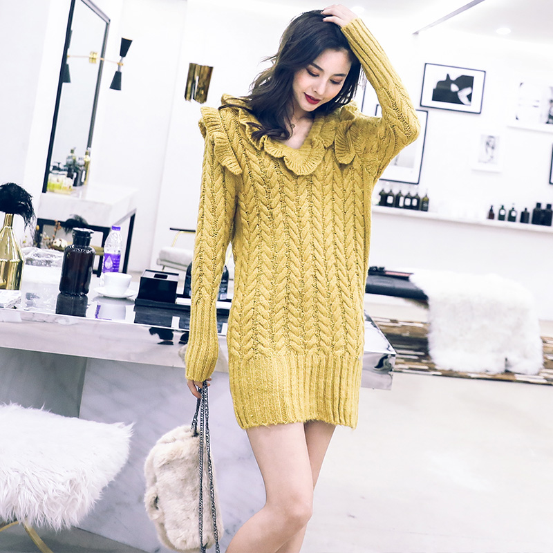 名媛氣質毛衣女初秋裝網紅款溫柔風2018新款中長款針織打底連衣裙