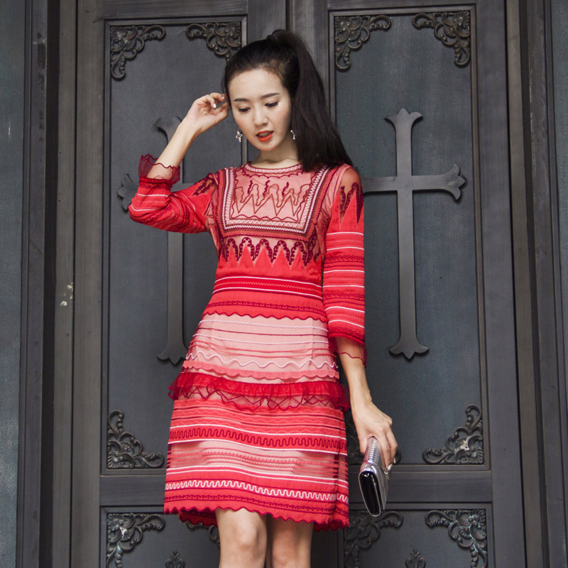 2018韓版春季新款名媛氣質修身顯瘦連衣裙圓領七分袖花邊裙子女潮
