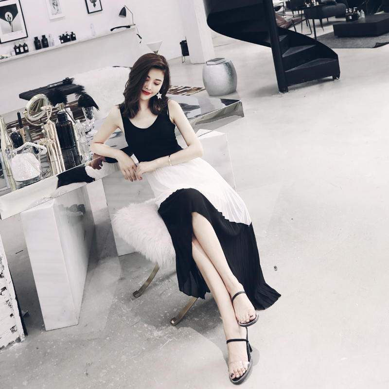 名媛氣質中長款夏裙子2018新品針織雪紡拼接顯瘦不規則百褶連衣裙