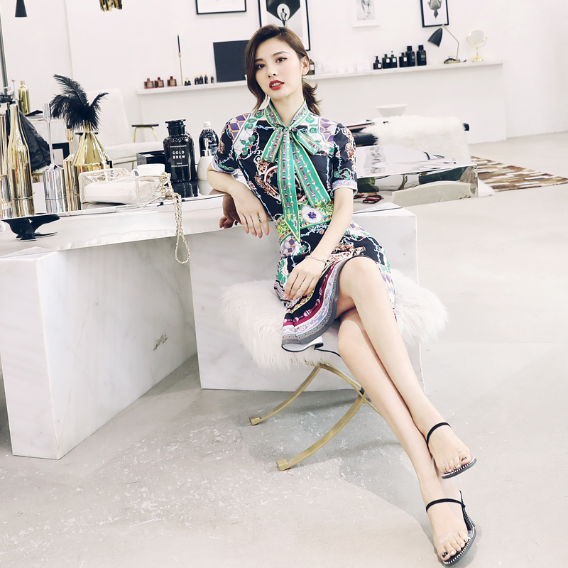 名媛歐洲站女神范裙子收腰顯瘦印花短袖蝴蝶結上衣半身魚尾裙套裝