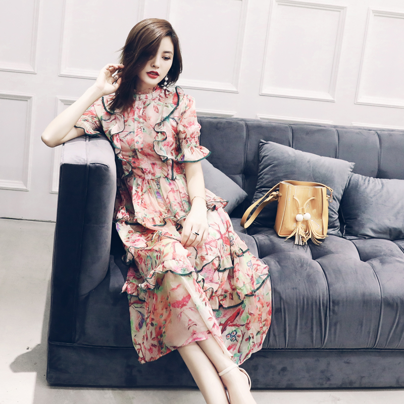 S秀淑女氣質連衣裙夏季2018新款中長款收腰氣質拼接荷葉邊長裙