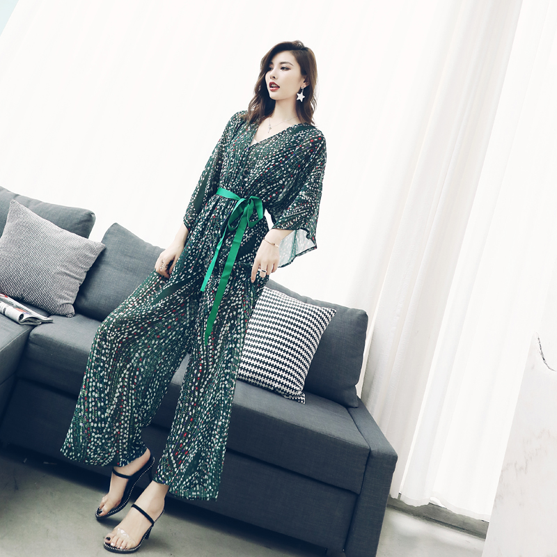 氣質時尚印花連體褲2018夏季新款V領高腰系帶顯瘦顯高闊腿長褲女