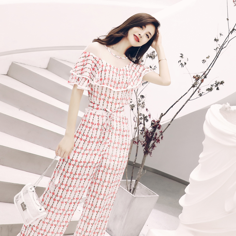 時尚夏季網紅短袖夏裝女套裝2018新款名媛印花闊腿長褲氣質兩件套