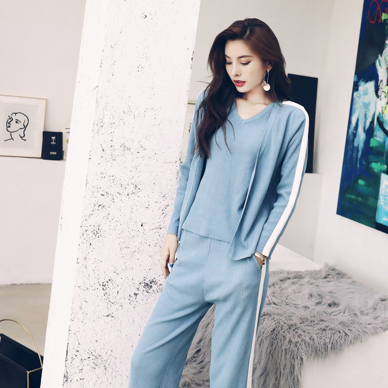 名媛氣質2018春秋裝新款韓版背心針織開衫闊腿褲時尚氣質三件套裝