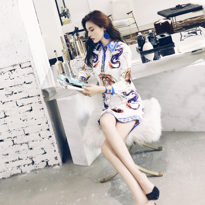 秋裝女2018新款名媛氣質中長款長袖襯衫修身收腰顯瘦印花連衣裙潮