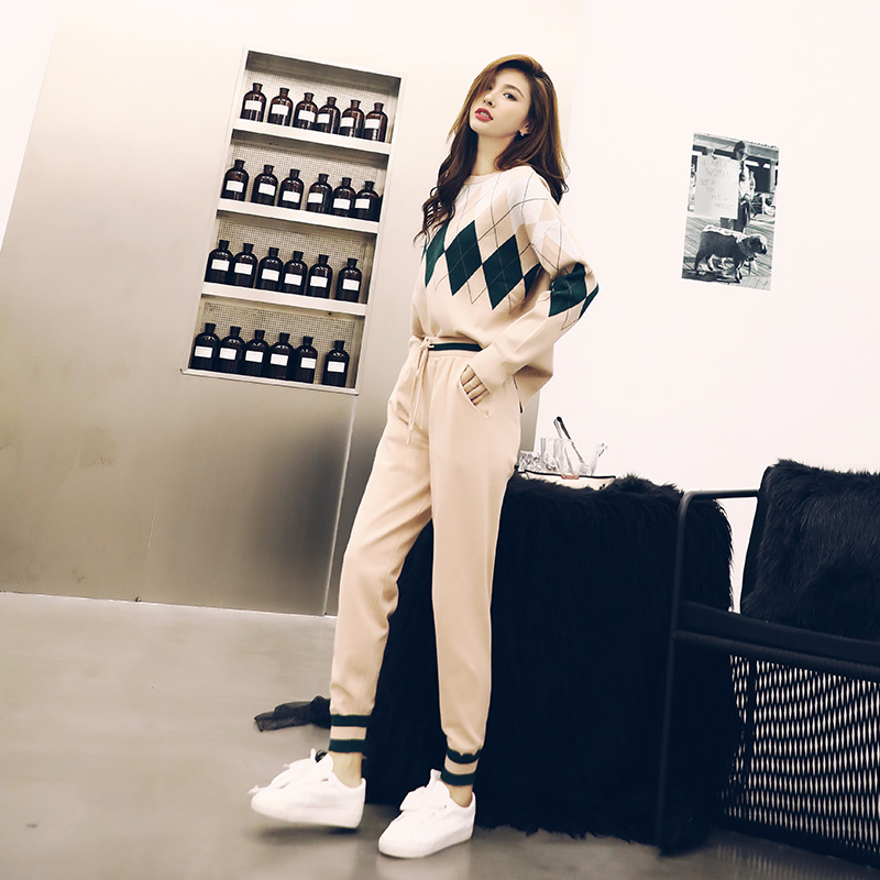 名媛氣質2018新款韓版秋季針織衫長袖休閑小腳褲套裝女時尚兩件套