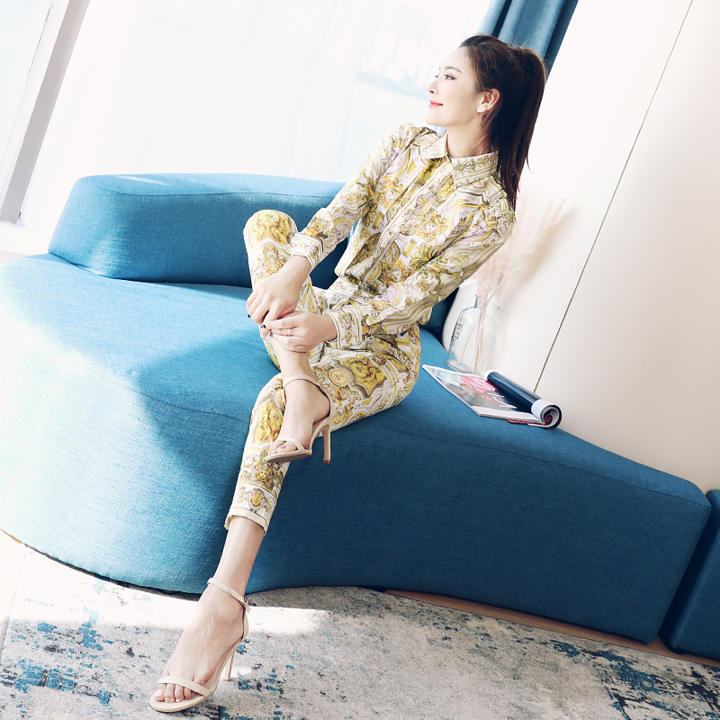 s秀名媛氣質2018春夏季歐美長袖襯衫印花兩件套小腳九分褲套裝女