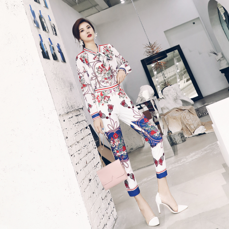 氣質兩件套2018秋季新款歐美女裝翻領長袖襯衫九分褲修身印花套裝