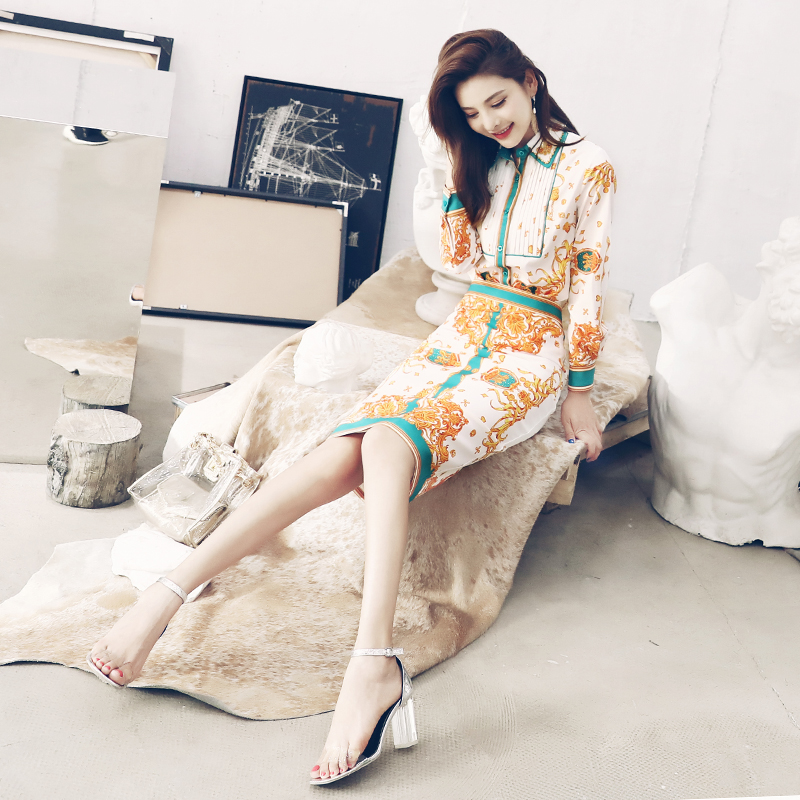 套裝裙秋季2018新款長袖襯衫上衣印花半身裙重工復古兩件套連衣裙