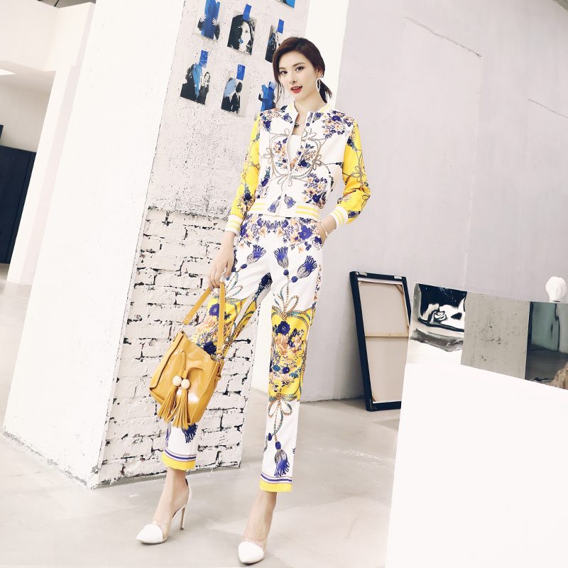 S秀名媛時尚夾克外套長褲兩件套2018秋裝新款氣質印花休閑套裝女