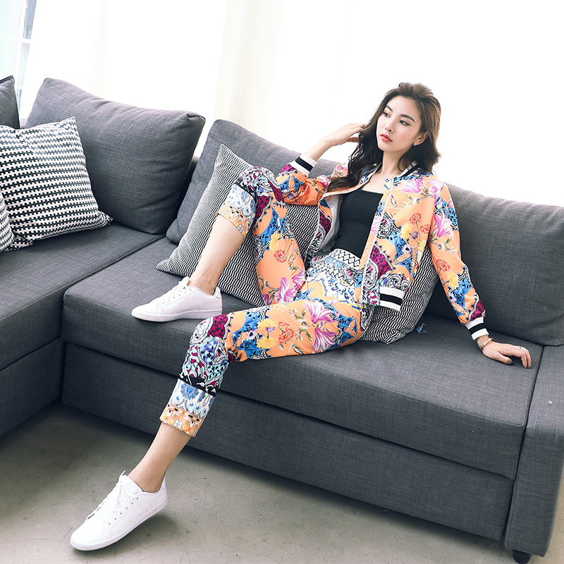 休閑運動套裝女秋季2018新款韓版時尚印花夾克小腳九分褲套裝兩件