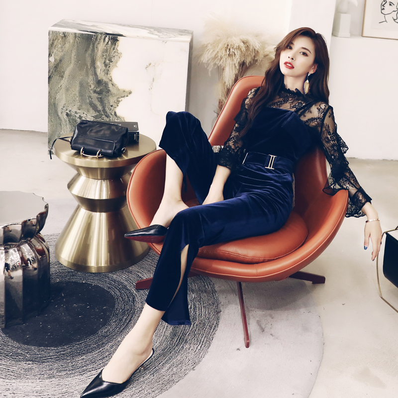 名媛氣質2018新款闊腿褲連體絲絨套裝女韓版氣質網紗上衣連衣褲潮