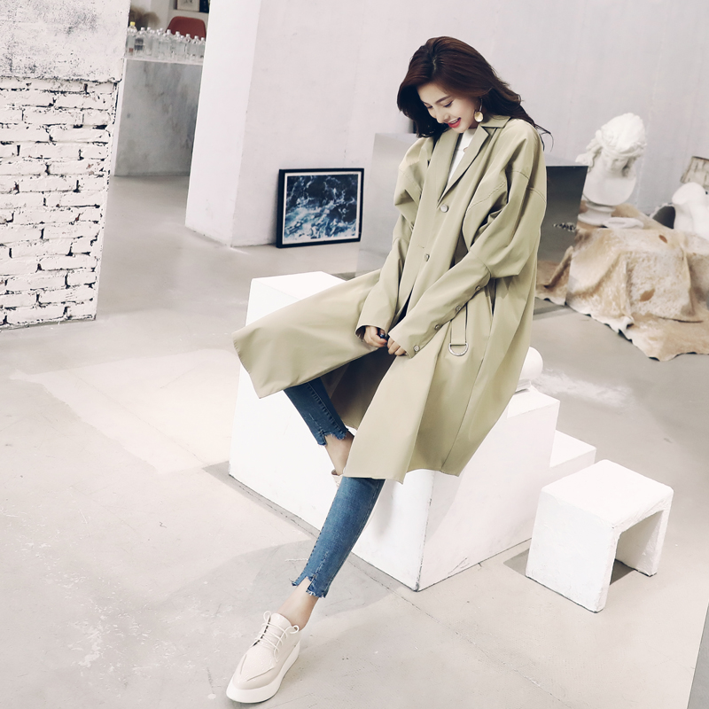 簡潔中長款風衣2018秋季新款慵懶bf港風收腰系帶寬松過膝外套大衣