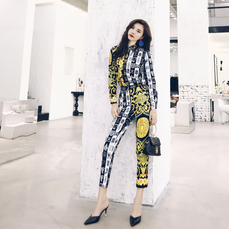 2018秋季套裝長袖印花襯衫高腰修身九分小腳褲時髦時尚兩件套女潮