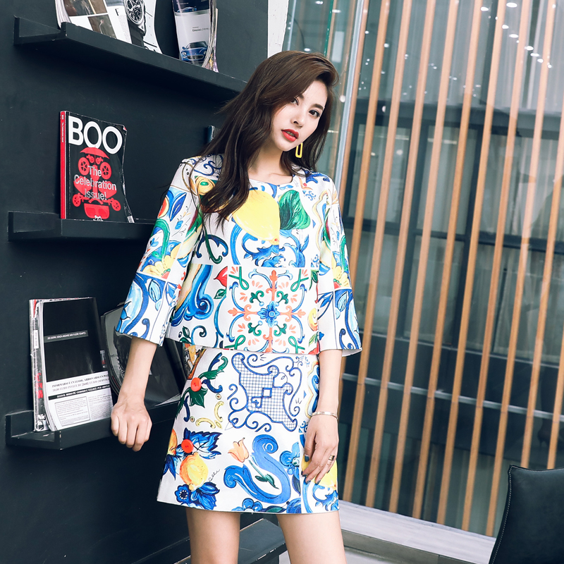 秋裝女2018新款印花七分袖外套半身裙短裙兩件小個子仙女裙子套裝