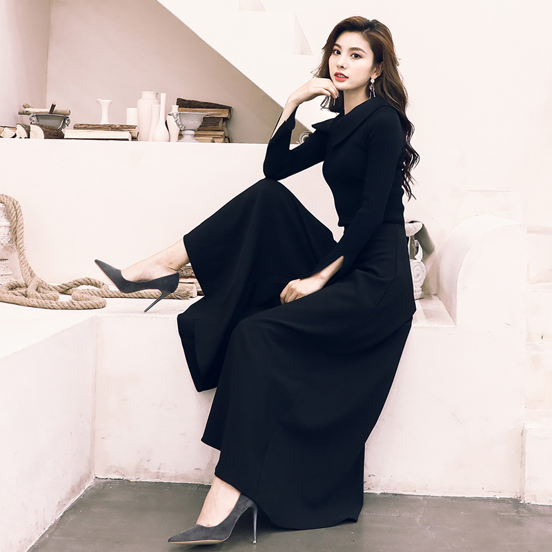 名媛氣質2018秋季新款女裝翻領修身針織衫上衣高腰闊腿褲時髦套裝