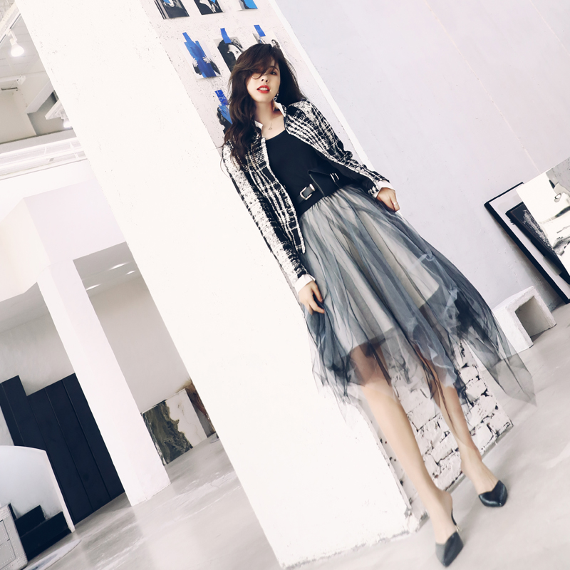 女西裝套裝2018新款兩件套氣質長袖小香毛呢上衣中長款網紗半身裙