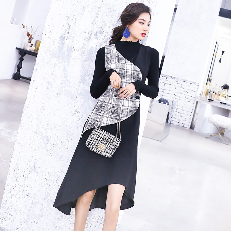 針織連衣裙早秋裝女2018新款時尚拼接背帶裙子兩件套裝氣質秋冬季