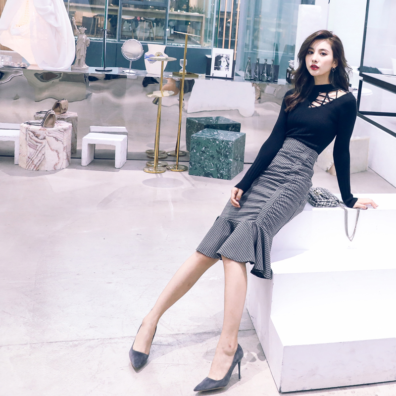 名媛氣質秋冬裝半身裙女2018新款毛衣配魚尾裙子兩件套裝秋冬季