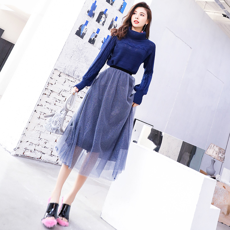 2018秋冬裝新款時髦網紅港味風毛衣網紗超仙小個子套裝裙女初秋季