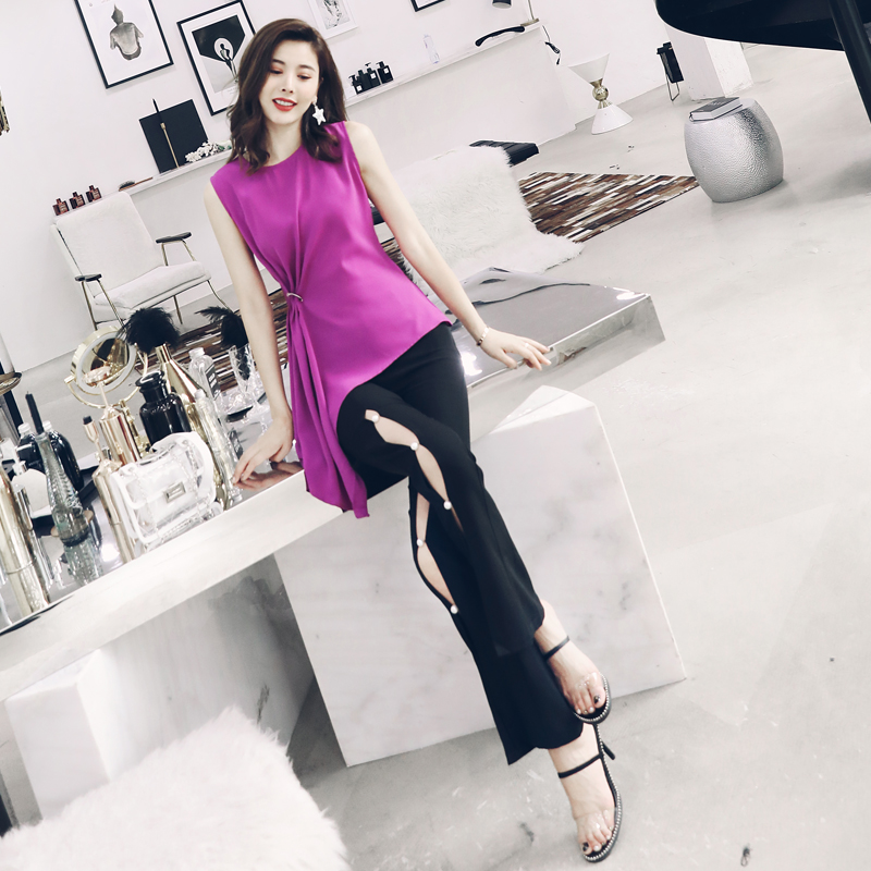 S秀名媛氣質夏季套裝女不規則無袖上衣褲子時尚兩件套2018新款