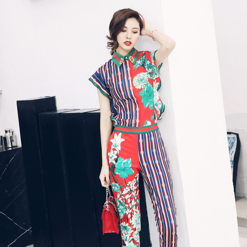 歐美小腳褲套裝女夏2018新款時尚氣質印花襯衫上衣七分褲兩件套潮
