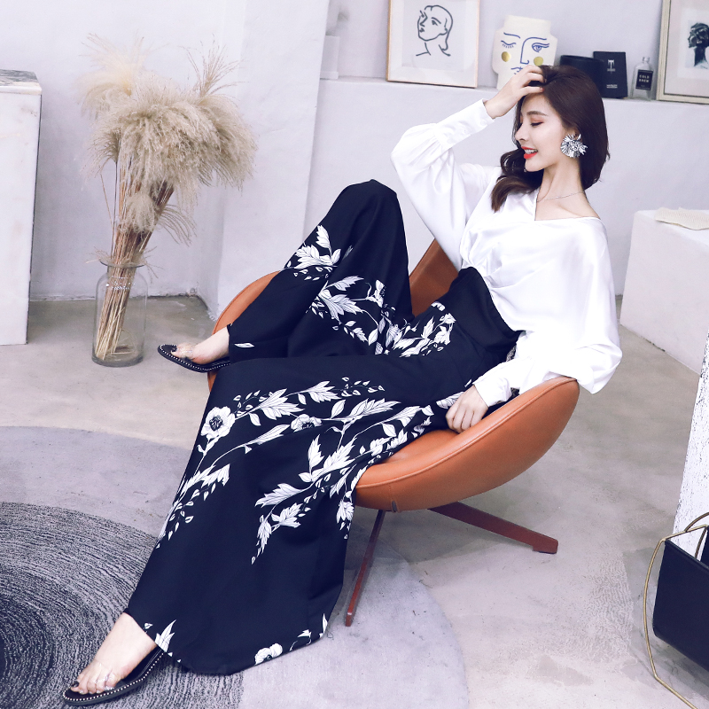 高腰闊腿褲套裝女2018夏季新款時尚洋氣長袖襯衣印花顯瘦兩件套潮