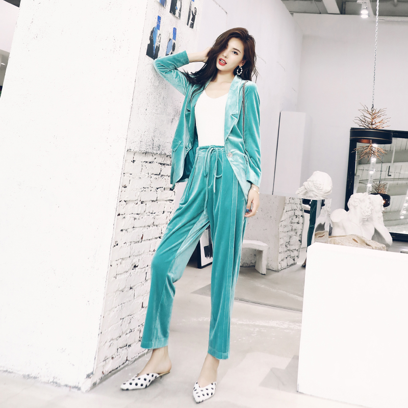 運動套裝女春秋2018新款港味休閑長袖西裝外套九分小腳褲兩件套裝