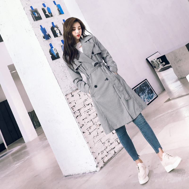 復古格子風衣女中長款2018春秋季新款韓版收腰顯瘦翻領外套大衣潮