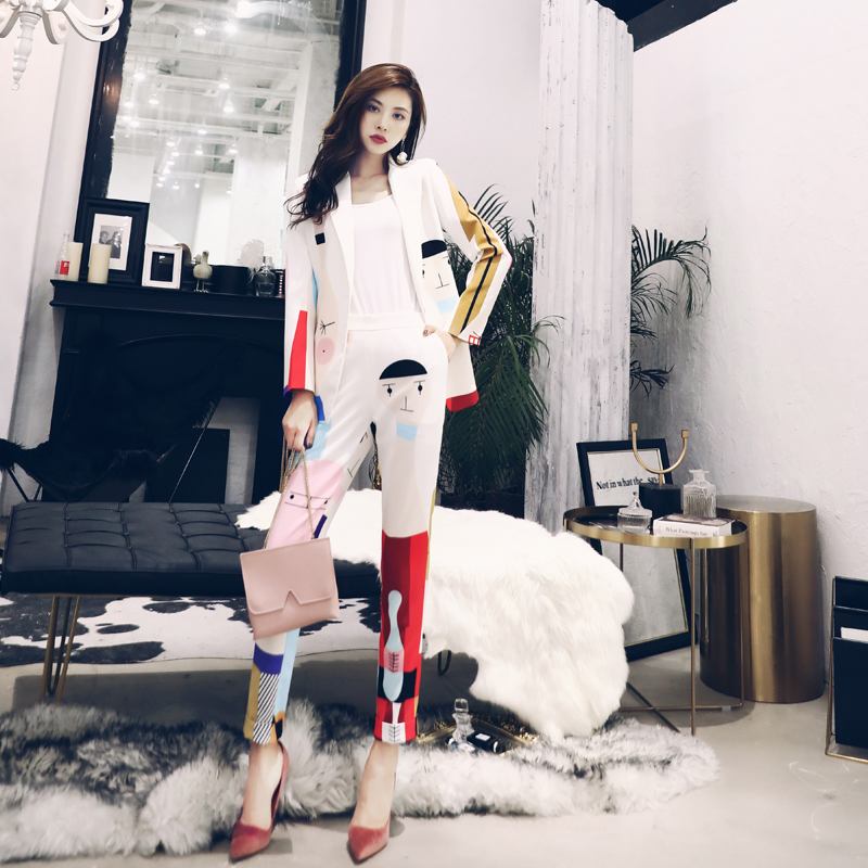 印花西裝套裝女初秋裝2018新款時尚氣質顯瘦小腳褲復古港味兩件套