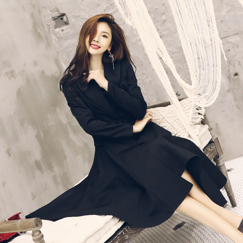 2018新款春秋風衣女中長款過膝韓版大擺連衣裙黑色chic大衣秋外套