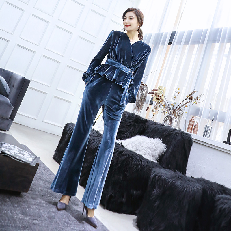 大氣絲絨套裝女時尚外套2018新款秋季洋氣休閑長褲金絲絨兩件套潮