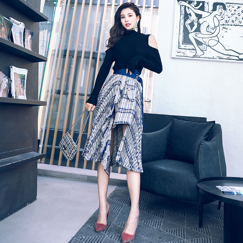小清新高領露肩毛衣高腰毛呢半身裙子兩件套秋冬時尚氣質套裝裙